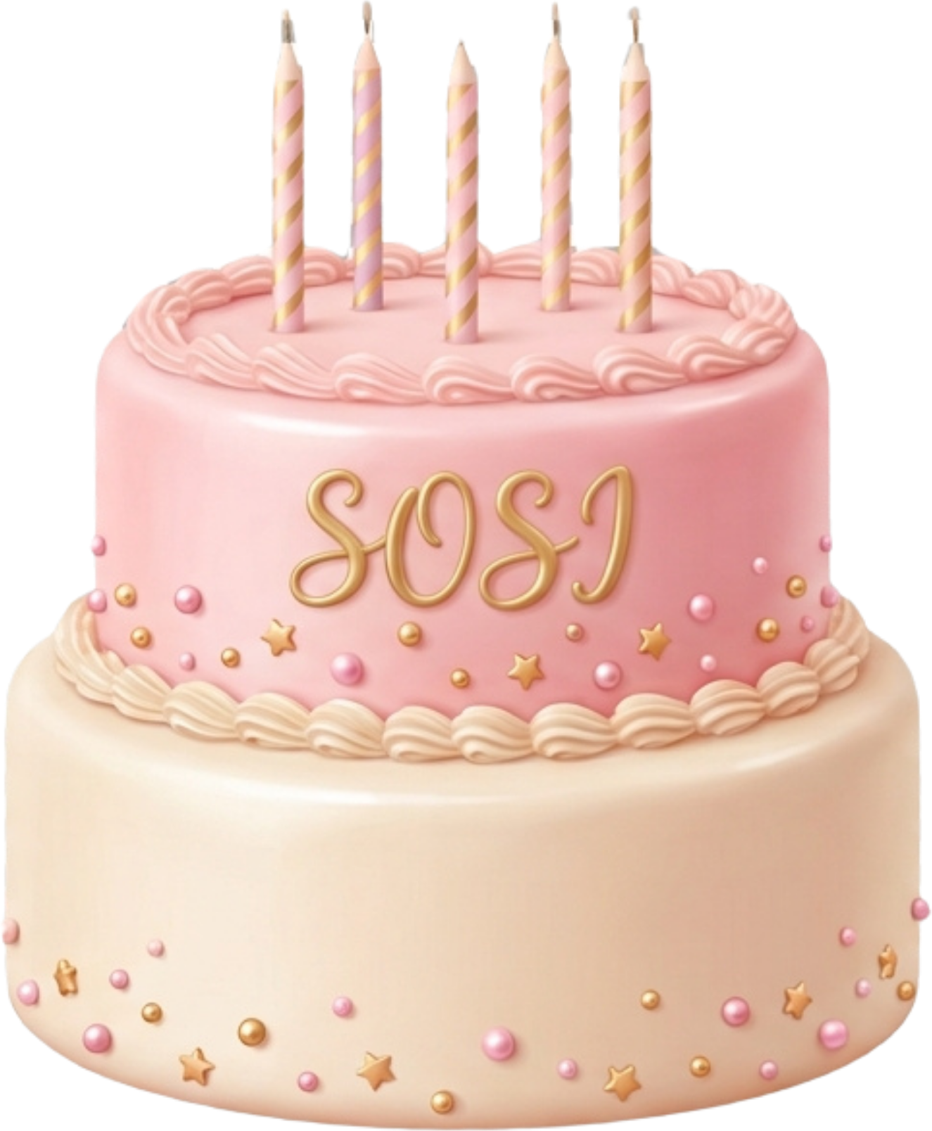 A two-tier pink and cream birthday cake with Sosi's name on it and 5 candles on top